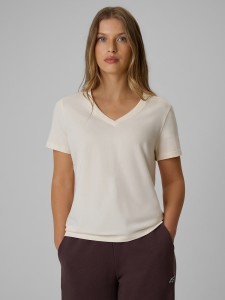4F T-shirt regular gładki damski - kremowy S