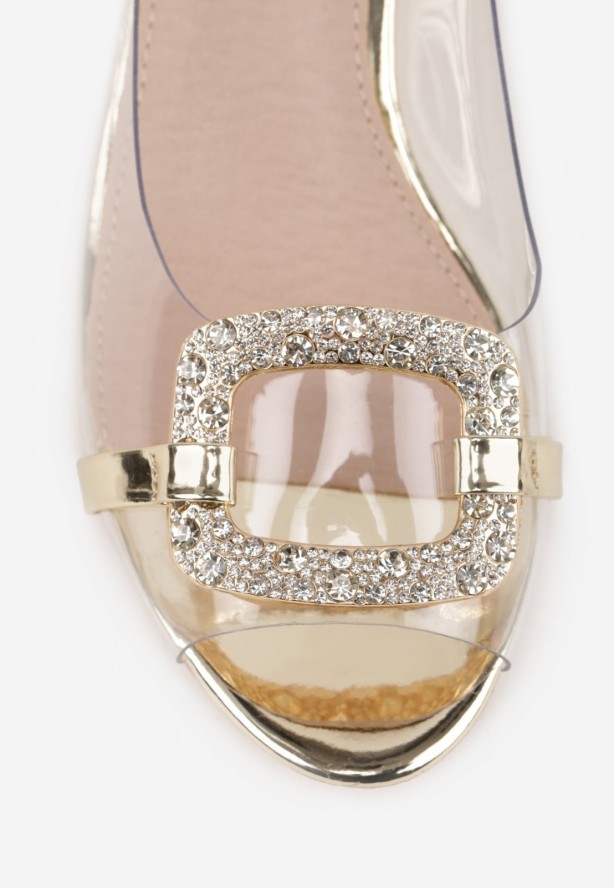 Złote Eleganckie Sandały VICES z Transparentną Cholewką i Klamrą z Cyrkoniami Qinieth