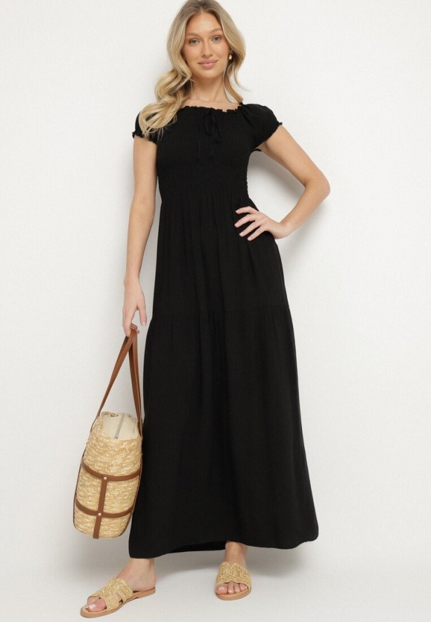 Czarna Wiskozowa Sukienka Hiszpanka z Marszczoną Górą Jenanira