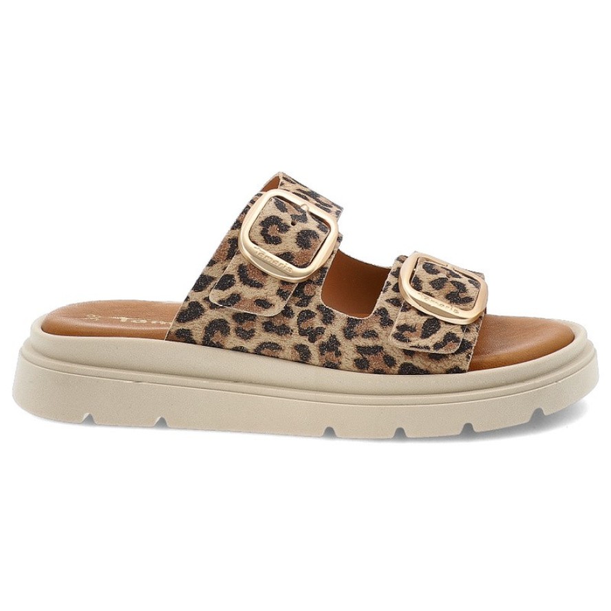 Beżowe Klapki Tamaris Eleganckie Obuwie Damskie Leopard