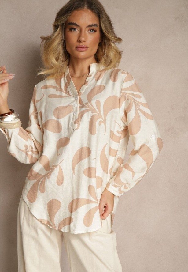 Jasnobeżowa Wiskozowa Bluzka o Koszulowym Kroju z Dekoltem w Serek w Roślinny Print Kolaniria