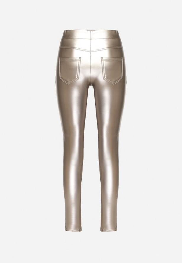 Srebrne Ocieplane Spodnie z Imitacji Skóry o Dopasowanym Kroju z Wysokim Stanem Rivaki