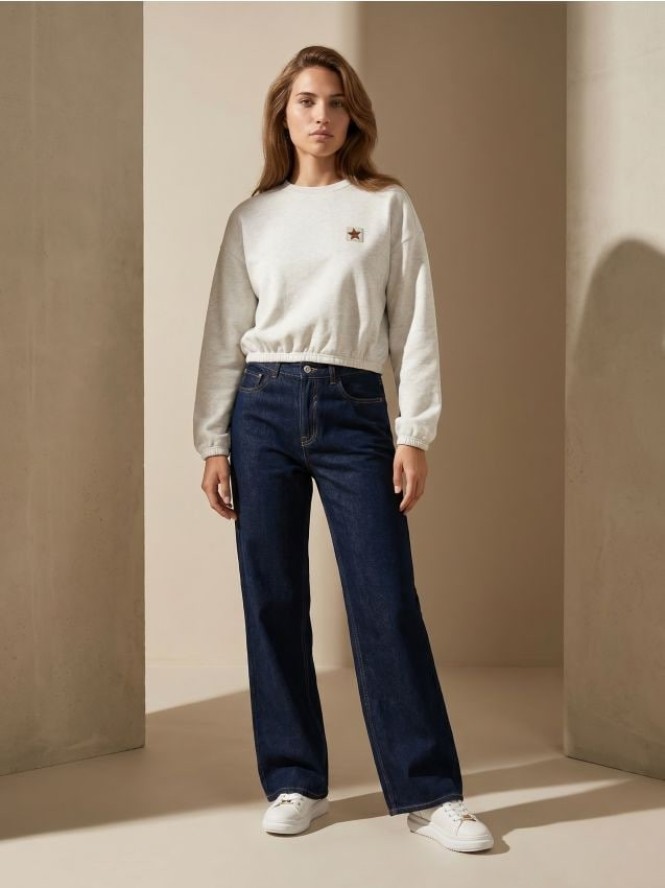 Bawełniane jeansy wide straight leg - niebieski