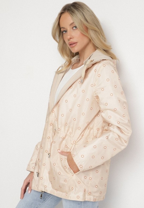 Jasnobeżowa Kurtka Parka Dwustronna ze Ściągaczem w Talii i Kapturem Tillisaya