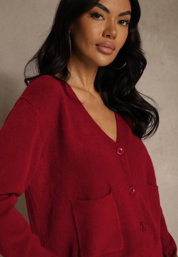 Bordowy Kardigan na Guziki z Domieszką Kaszmiru Vetiella