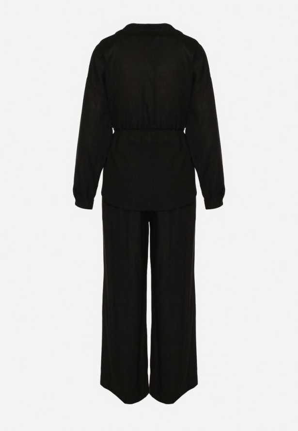 Czarny Komplet z Wiskozą Koszula Ściągana w Talii i Szerokie Spodnie Divellara