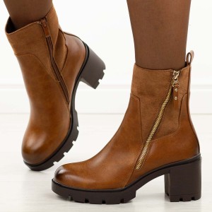 Camelowe botki damskie na obcasie M.Daszyński 23108A-14