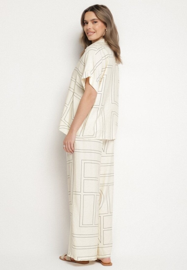 Jasnobeżowy Komplet z Lnem i Wiskozą Koszula i Spodnie w Geometryczny Wzór Fevoline