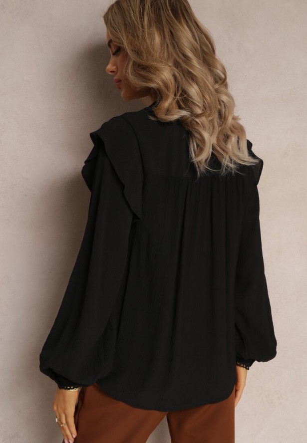 Czarna Koszula Zapinana na Guziki z Ozdobnymi Rękawami Eudomara