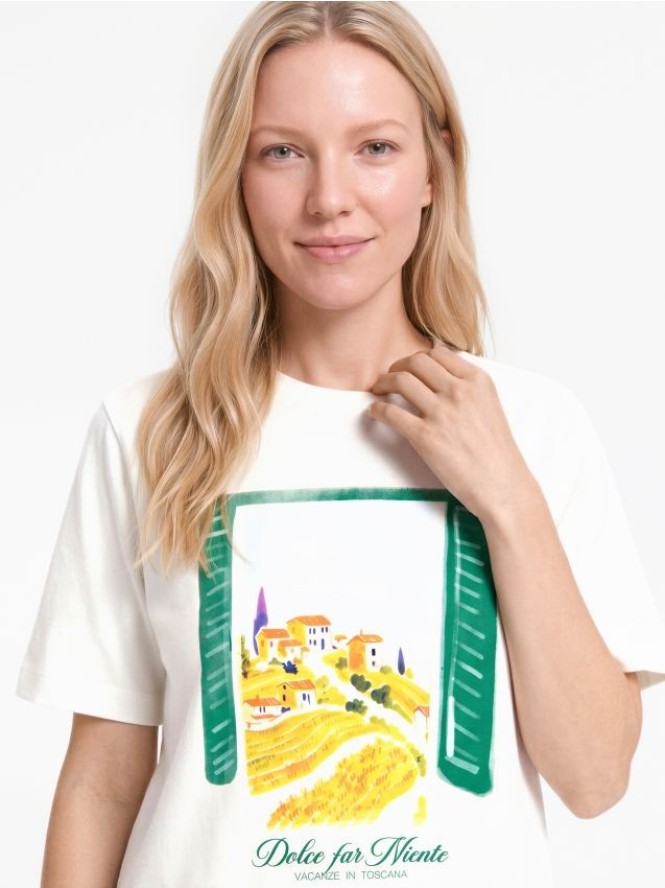 Bawełniany t-shirt z nadrukiem - złamana biel