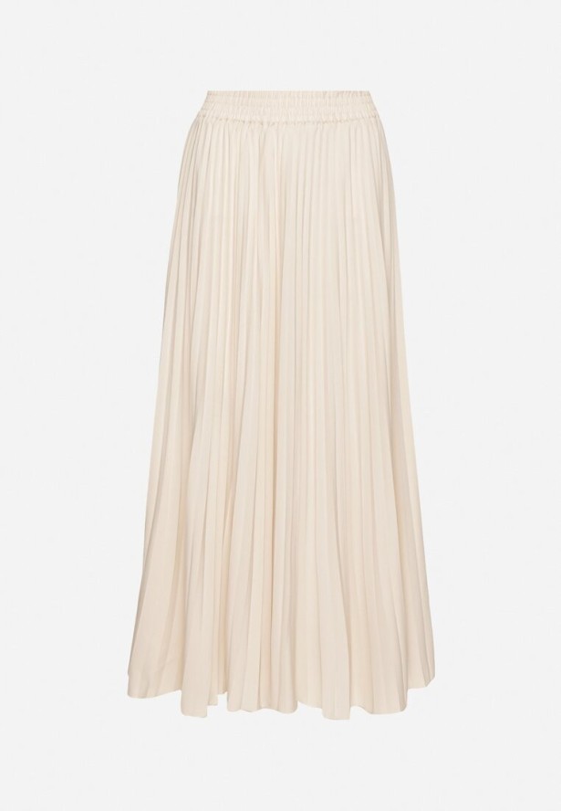 Jasnobeżowa Spódnica Plisowana o Rozkloszowanym Kroju z Gumką w Talii Sarlimi