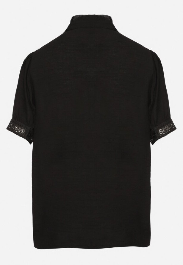 Czarna Wiskozowa Koszula ze Stójką i Koronką Temonea