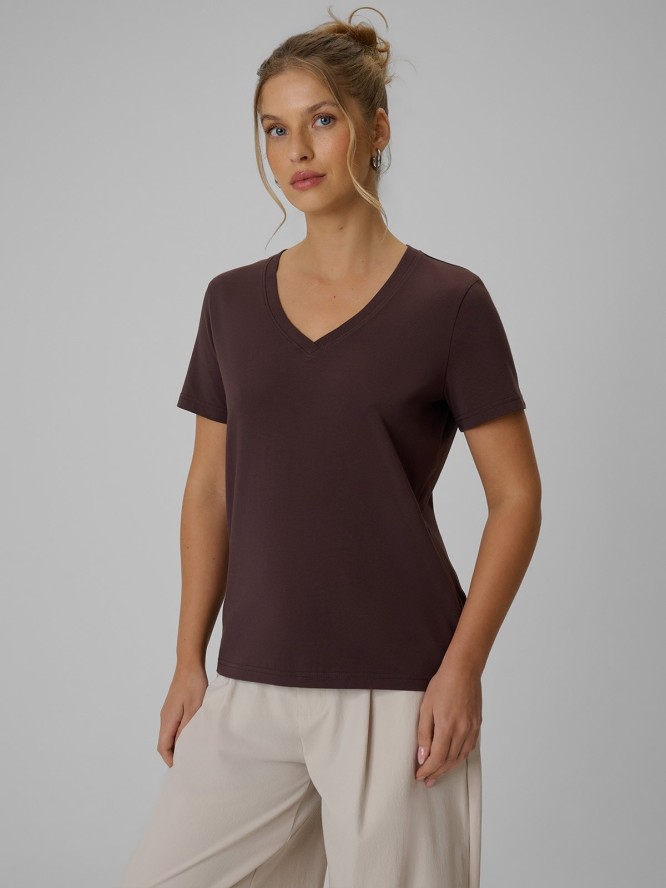 4F T-shirt regular gładki damski - brązowy M