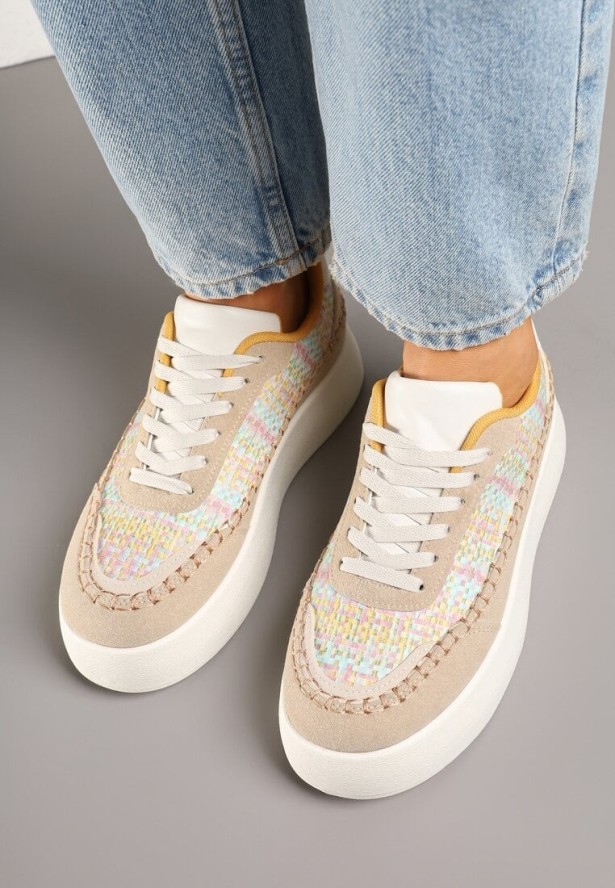 Ciemnobeżowe Sneakersy na Grubej Podeszwie z Plecioną Cholewką Nilavanea