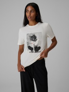 4F T-shirt relaxed z nadrukiem damski - kremowy S