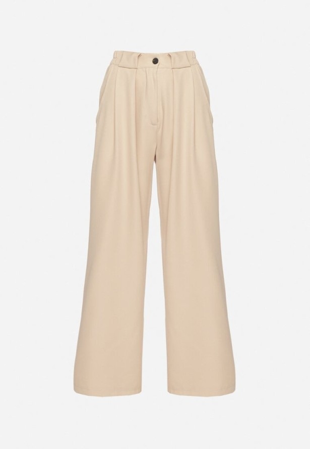 Beżowe Spodnie Garniturowe o Szerokim Kroju z Zakładkami i Wysokim Stanem Ulianeria