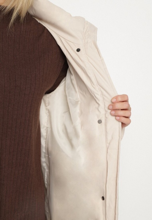 Jasnobeżowa Długa Pikowana Kurtka z Kapturem Afarriva