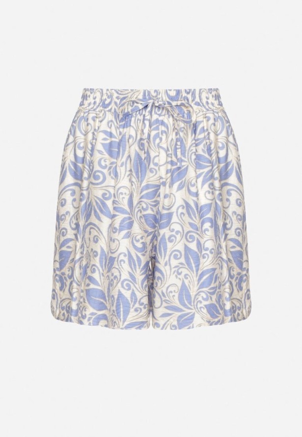 Niebieskie Wiskozowe Szorty z Wysokim Stanem Zdobione Kwiatowym Wzorem Dannalen