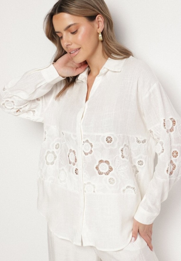 Biała Koszula z Lnem o Kroju Oversize z Ażurowymi Zdobieniami Dannilea