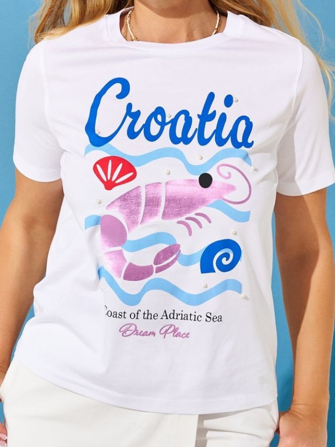 Bawełniana koszulka z nadrukiem i perełkami - biały