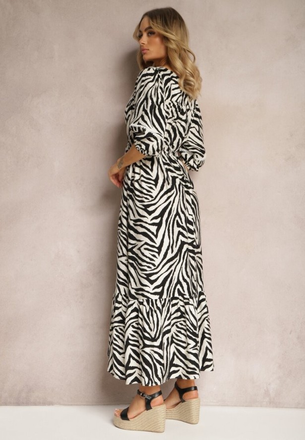 Czarno-Biała Sukienka z Wiskozy i Bawełny Ozdobiona Falbaną i Sznurkiem w Pasie Vantia