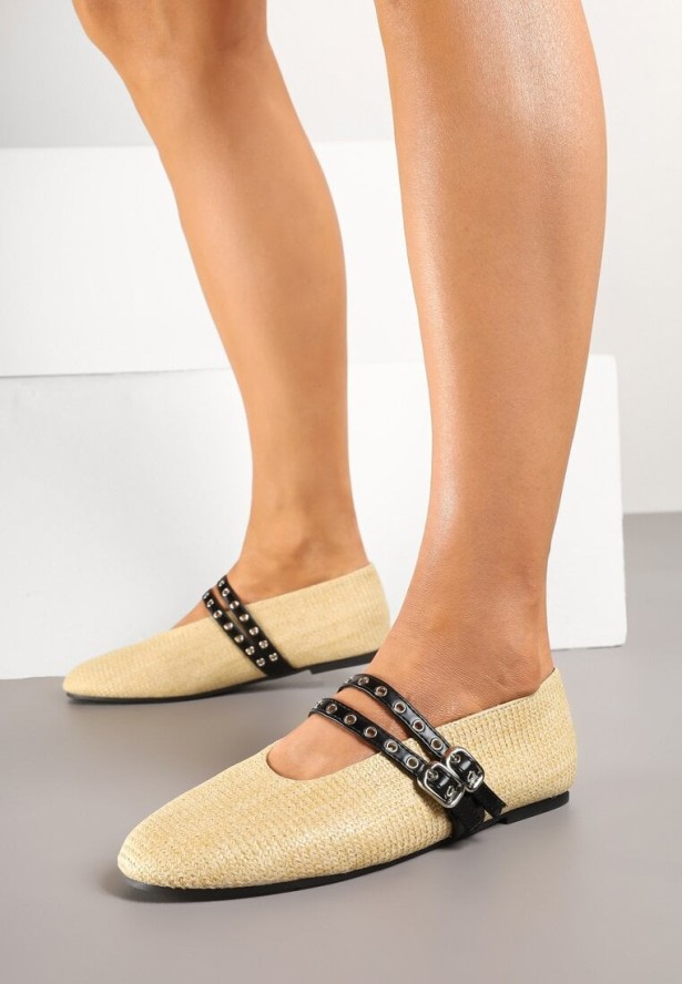 Beżowe Balerinki z Tweedowym Akcentem i Dwiem Sprzączkami Gavirna