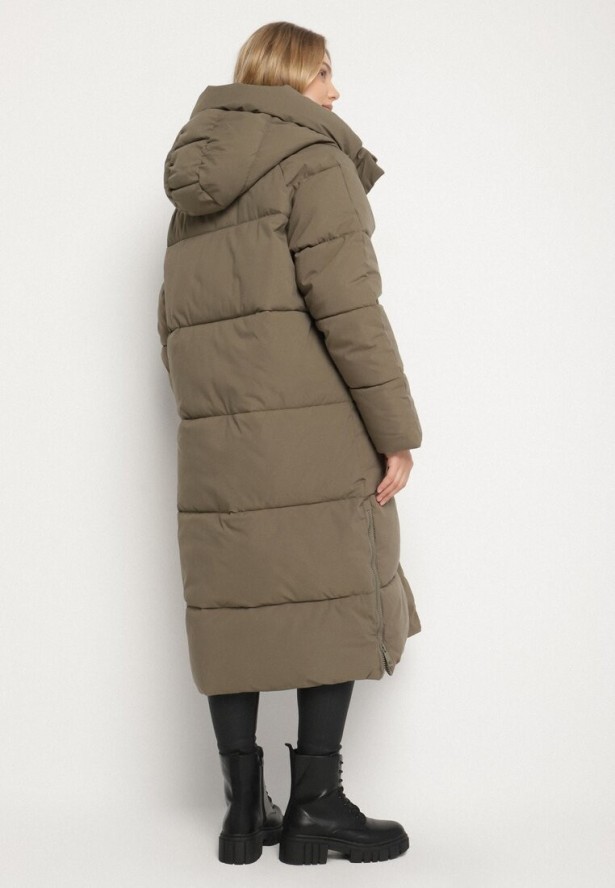 Ciemnozielona Pikowana Kurtka Zimowa z Kapturem i Bocznymi Suwakami Falossea