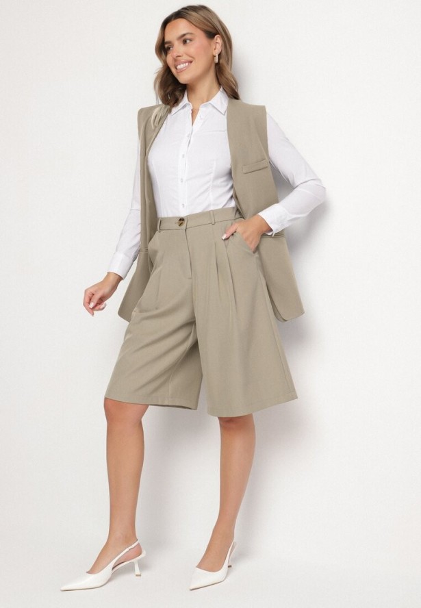 Jasnozielone Szorty Bermudy o Szerokim Kroju z Zakładkami Sondira