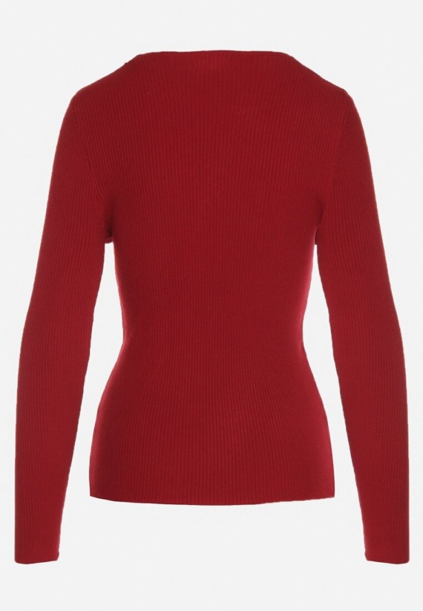 Bordowy Dopasowany Sweter z Prążkowanej Dzianiny z Bawełną z Dekoltem w Serek Tesma