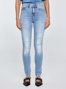 Jeansy damskie z wysokim stanem z przetarciami jasnoniebieskie Adela High Waist 156