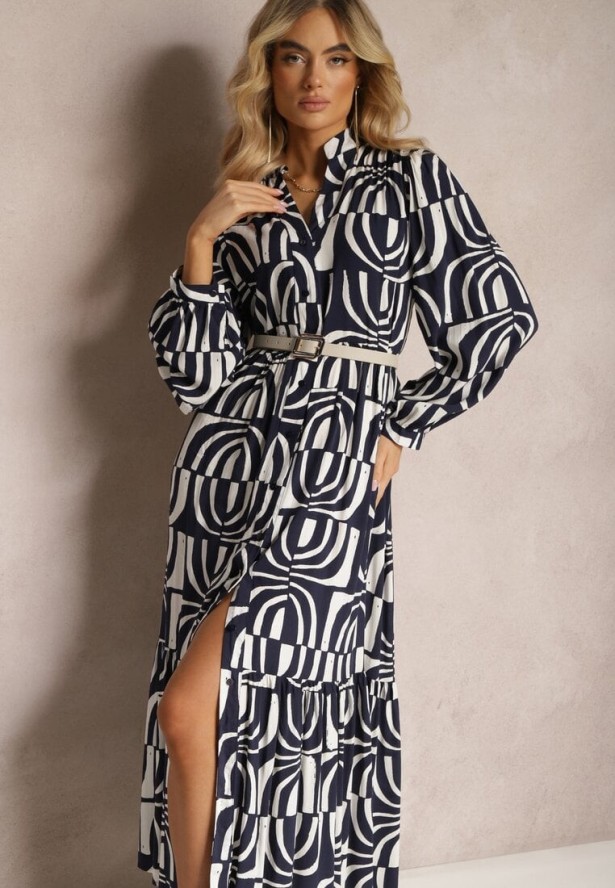 Granatowa Długa Sukienka Rozkloszowana w Geometryczne Wzory z Kołnierzykiem Skulle