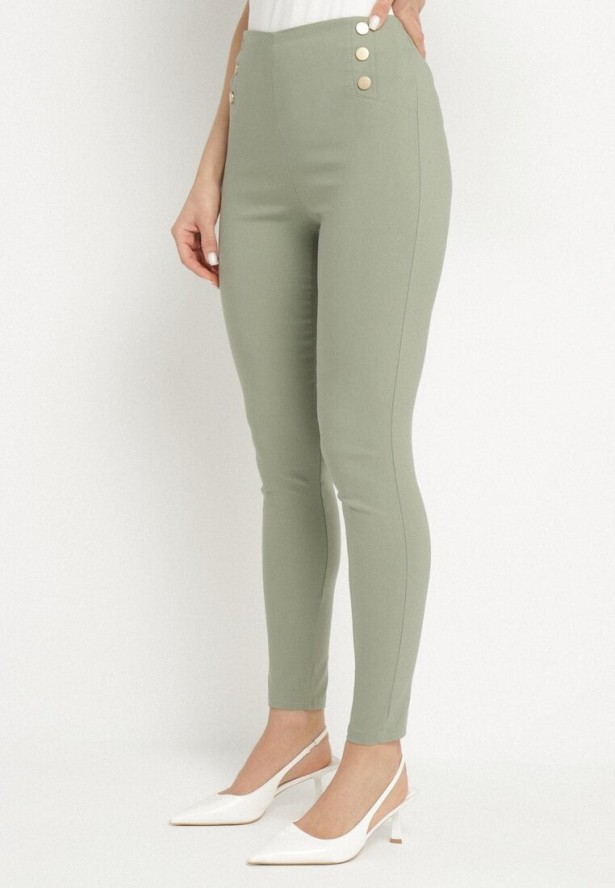 Zielone Dopasowane Spodnie z Bawełną Wysokim Stanem i Guzikami Arrioliana