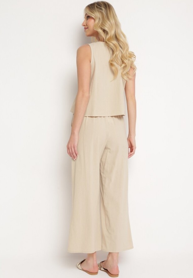 Jasnobeżowy Komplet Bawełniany Koszulka bez Rękawów z Guzikami Spodnie z Gumką w Pasie Juliancella
