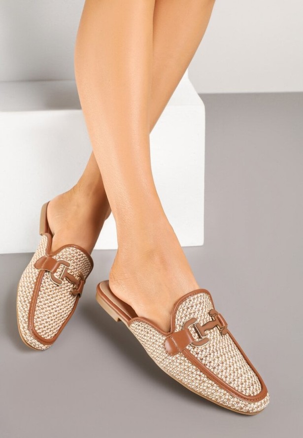 Brązowo-Beżowe Tweedowe Klapki Mule z Eleganckim Zdobieniem Sonarena
