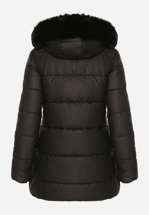 Czarna Taliowana Kurtka Pikowana z Kapturem z Futrem Nalaseva