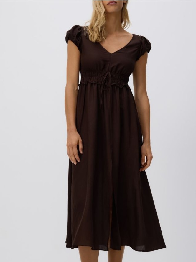 Sukienka midi z lnem - brązowy