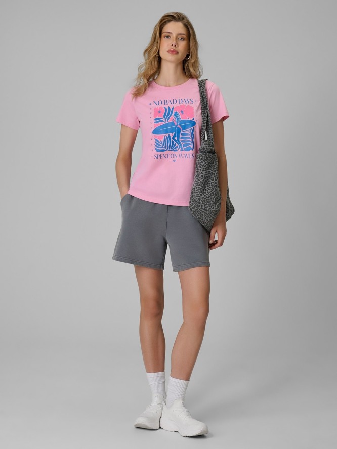 4F T-shirt regular z nadrukiem damski - różowy L