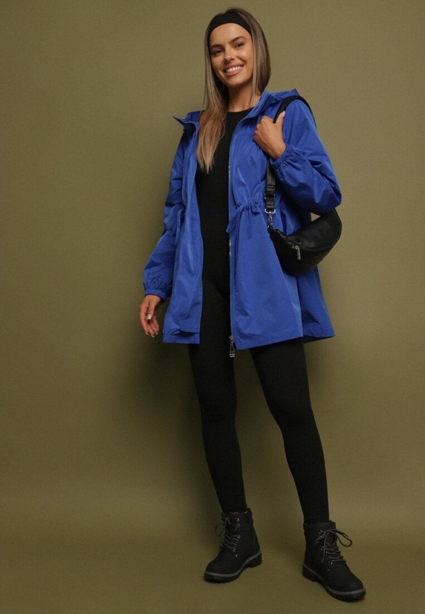 Niebieska Kurtka Parka Ściągana w Pasie Troczkami Nevishia