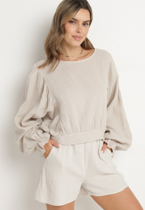 Beżowe Klasyczne Bawełniane Szorty z Wysokim Stanem Madellia