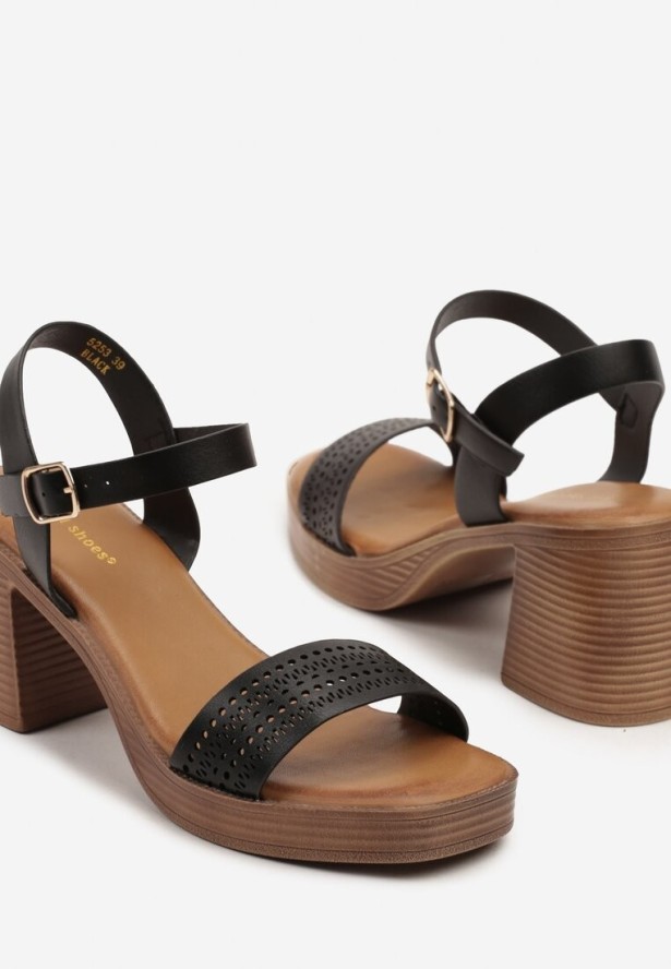 Czarne Ażurowe Sandały Typu Drewniaki na Słupkowym Obcasie Annissa