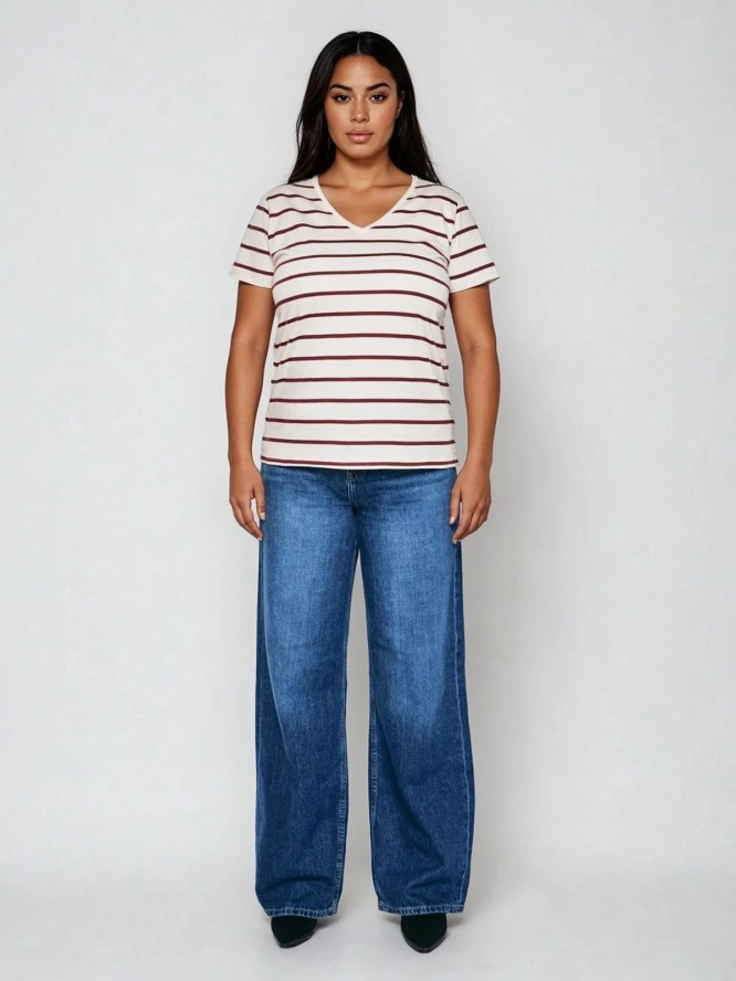 Koszulka damska z dekoltem v-neck w paski kremowa Retina 103