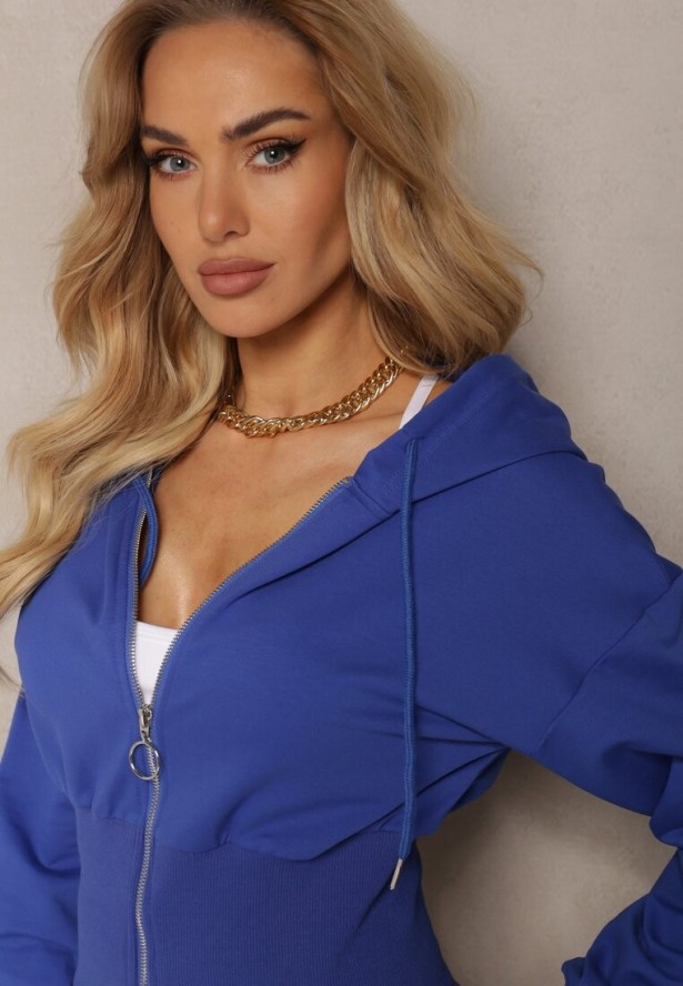 Granatowa Taliowana Bluza z Kapturem Zapinana na Zamek Błyskawiczny Vireapa