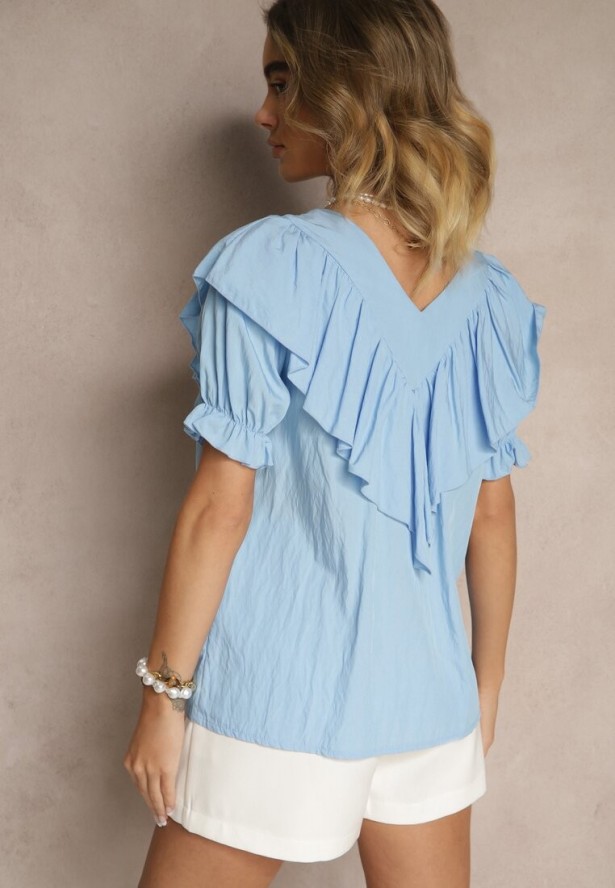 Jasnoniebieska Bluzka z Wiskozą Ozdobiona Falbankami Fadelena