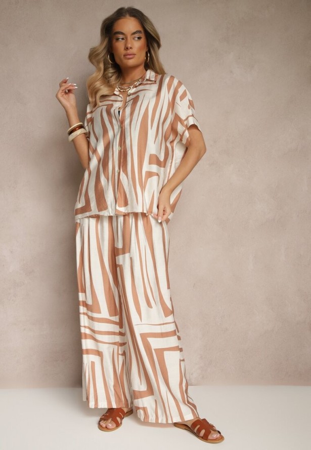 Beżowy Komplet o Kroju Oversize z Lnem Koszula i Szerokie Spodnie Miravinia