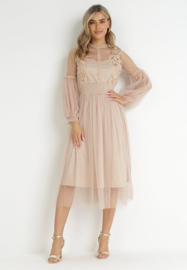 Beżowa Rozkloszowana Sukienka Tiulową z Koronką Llaudia