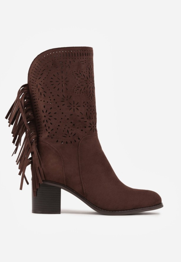 Ciemnobrązowe Ażurowe Botki Typu Kowbojki ze Skórzaną Wkładką Ozdobione Frędzlami Ceziva