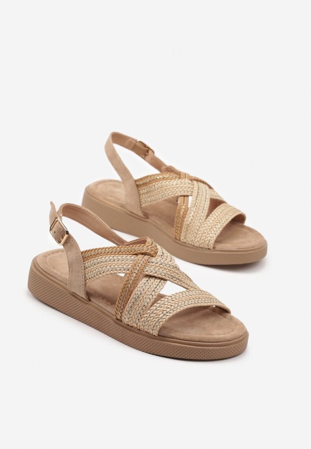 Ciemnobeżowe Sandały Ozdobione Plecioną Cholewką Selozi