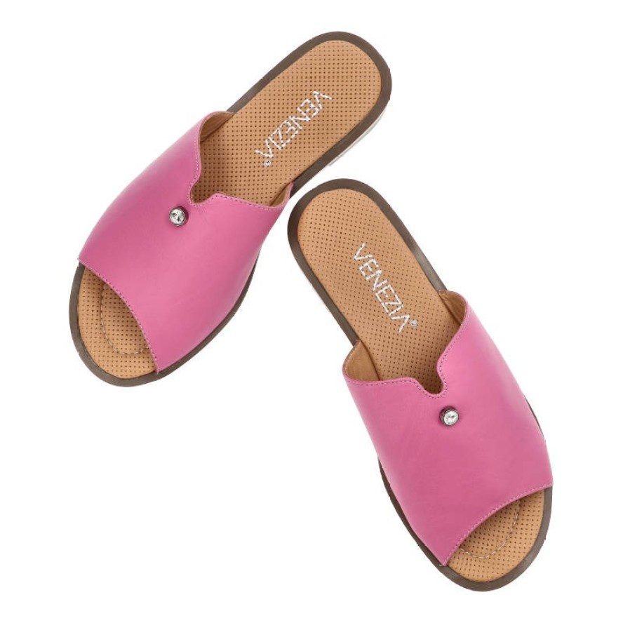 Różowe Klapki Venezia Skórzane Buty Damskie