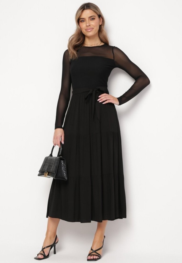 Czarna Wiskozowa Spódnica Maxi Rozkloszowana z Paskami Saosa