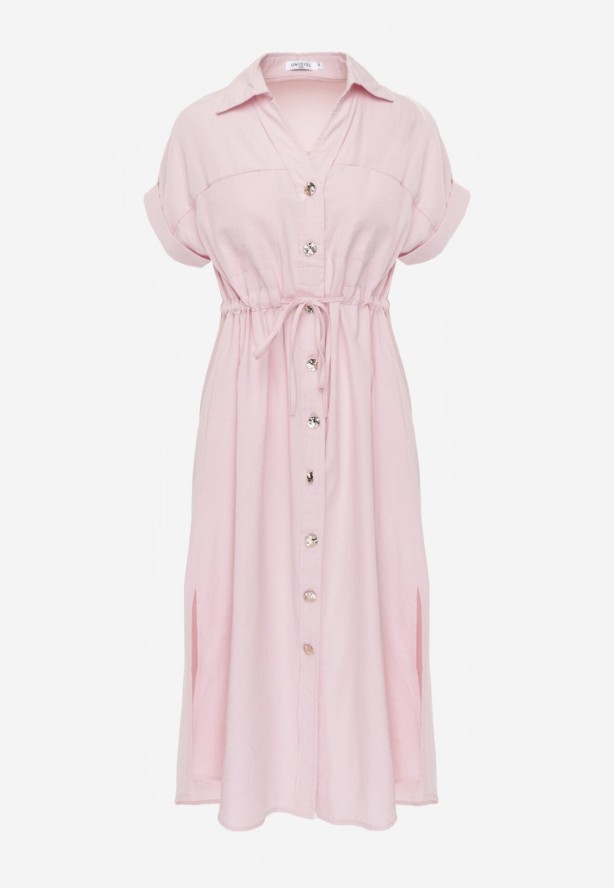 Różowa Sukienka Koszulowa z Bawełną Wiskozą i Ozdobnymi Guzikami Parranes